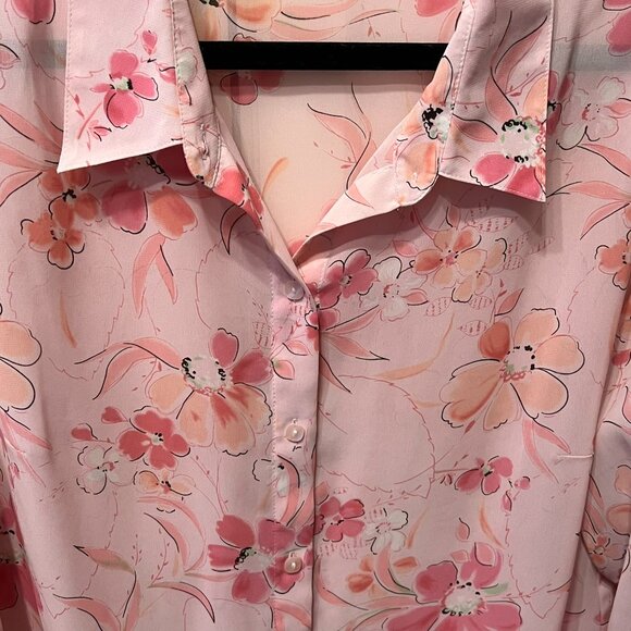 Sheer Pink Floral Long Sleeve Button-Up Topper Blouse (Size 1X) - Picture 2 of 9